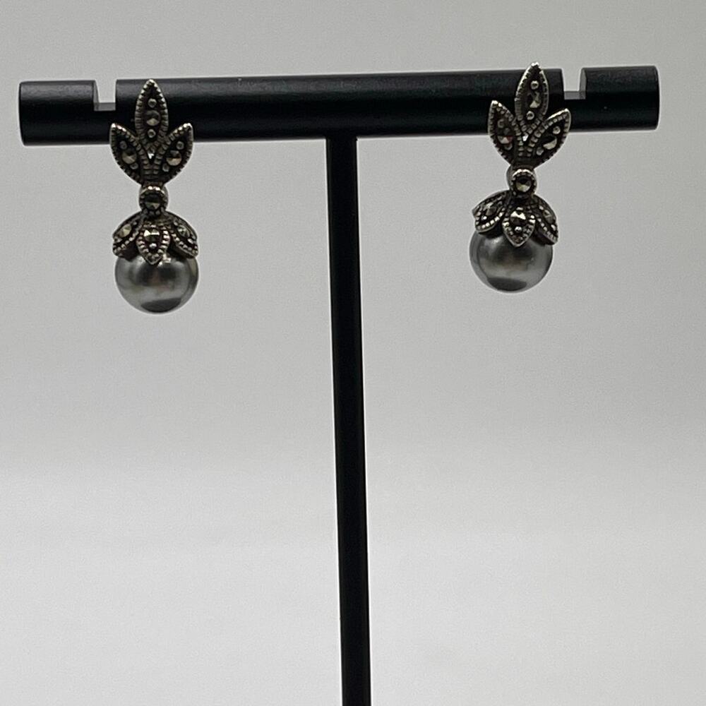 FAS Sterling Silver 925 Marcesite Gray Pearl Drop Dangle Earrings 3.6‎ grams